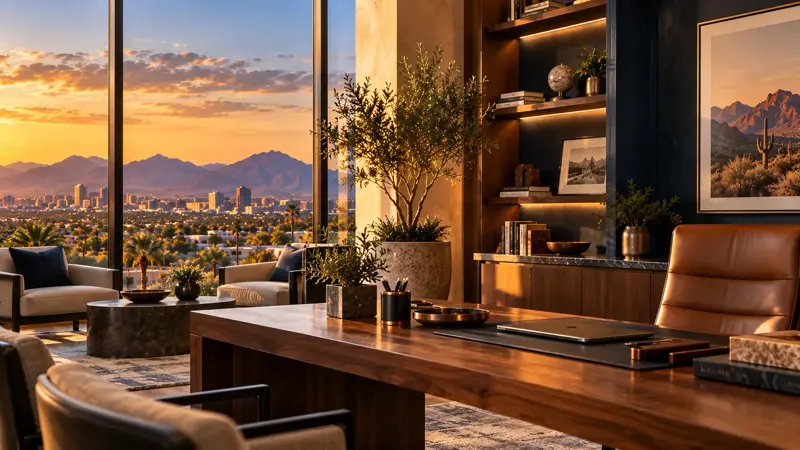 Warmly lit advisory office interior with desert city views and no people