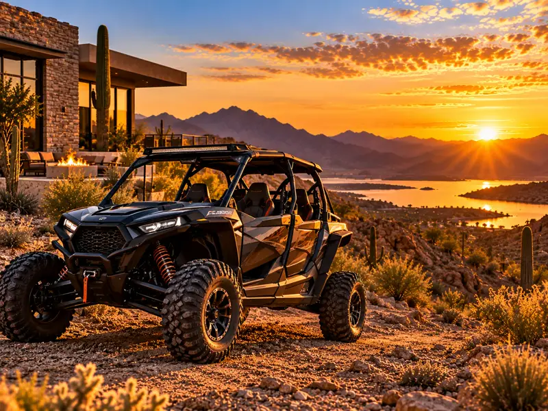 Off-road utility vehicle on rocky Arizona desert terrain at sunset