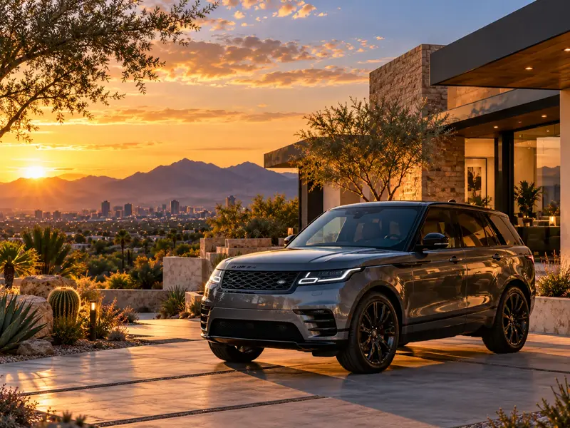 Dark SUV parked outside a contemporary Arizona home at sunset