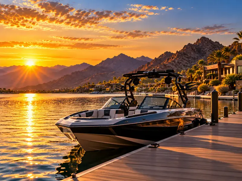 Premium wake boat beside a dock on a desert lake at sunset