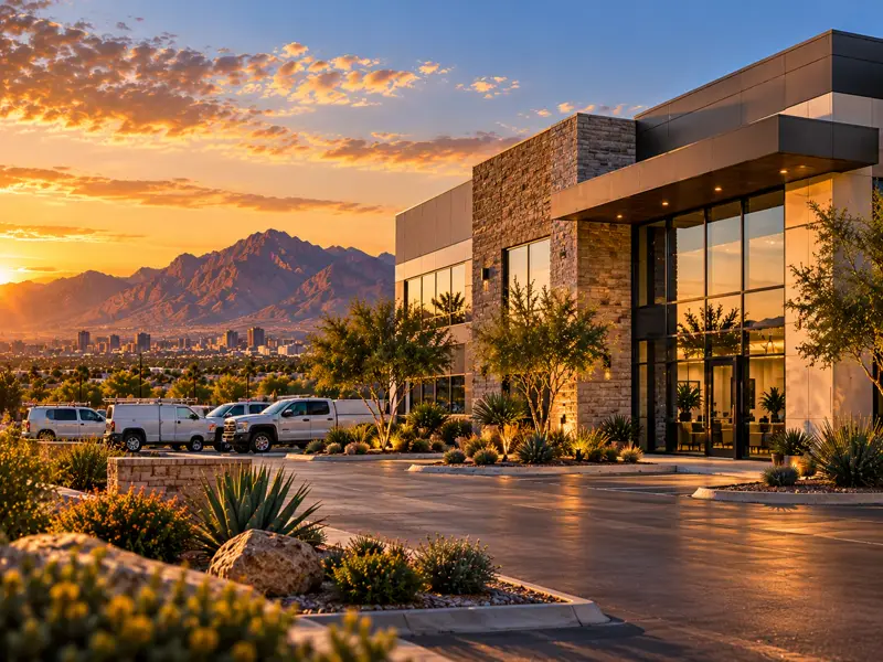 Modern commercial office building and service vehicles in Arizona