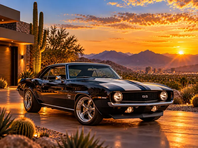 Restored black classic muscle car outside a desert home at sunset