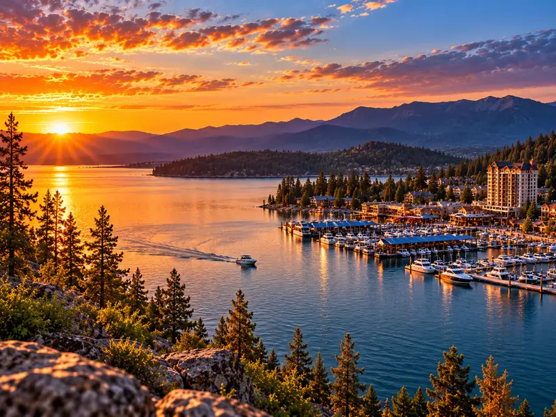 AI-generated interpretation of a North Idaho lake and marina at sunset