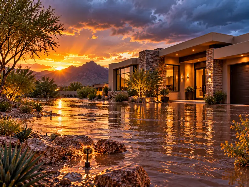 Floodwater covering the grounds of a contemporary desert home
