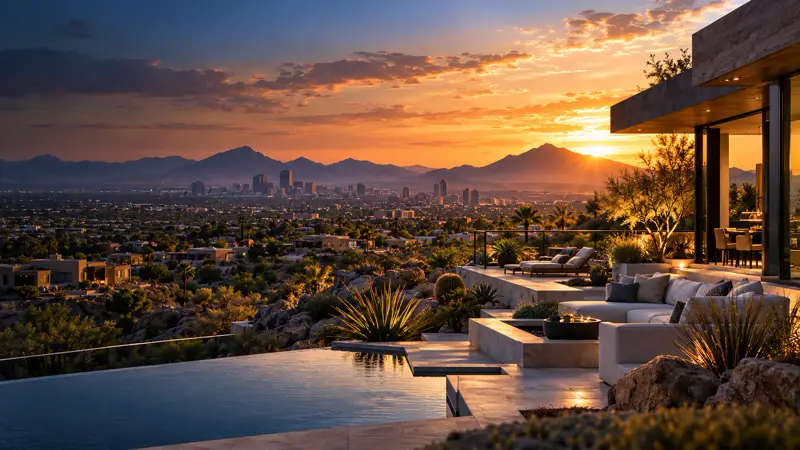 Contemporary Phoenix hillside residence overlooking the valley at sunset