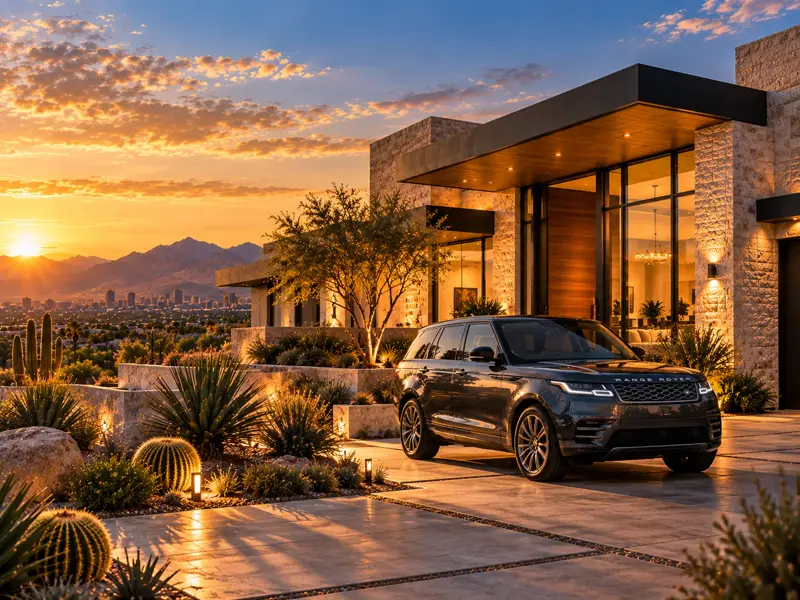 Modern desert home and SUV photographed together at sunset