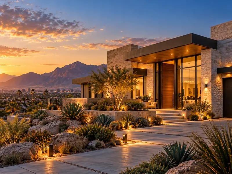Contemporary Arizona home with desert landscaping at sunset