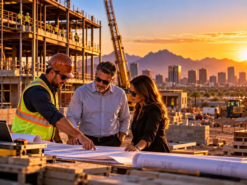 Construction professionals reviewing building plans at a commercial site