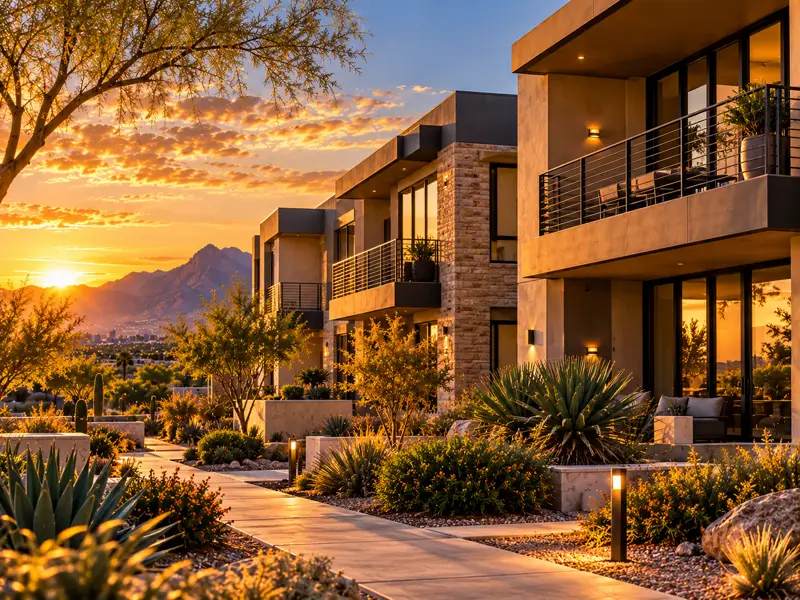 Modern Southwest rental residences with landscaped pathways at sunset