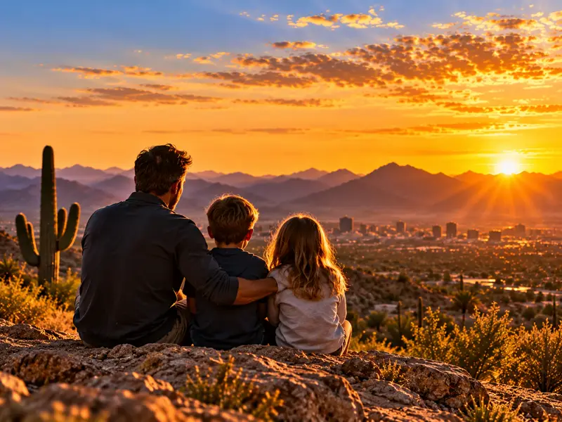 Parent with two children looking across a desert valley at sunset
