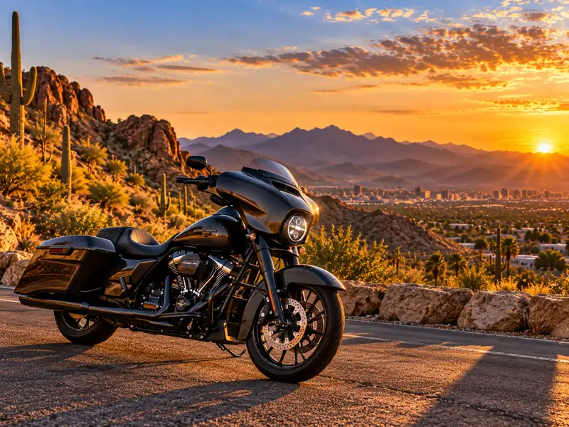 Black touring motorcycle on a desert mountain road at sunset