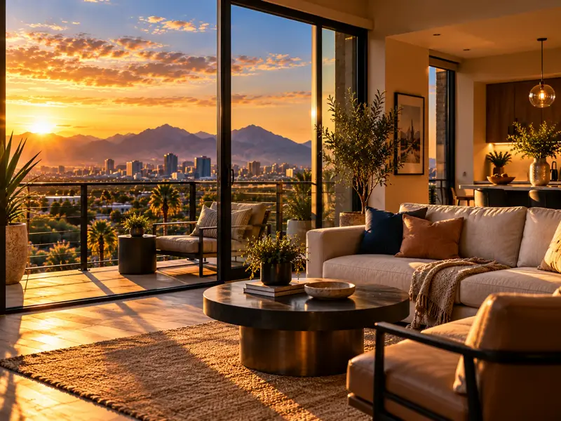 Warm modern apartment living room overlooking a desert city at sunset