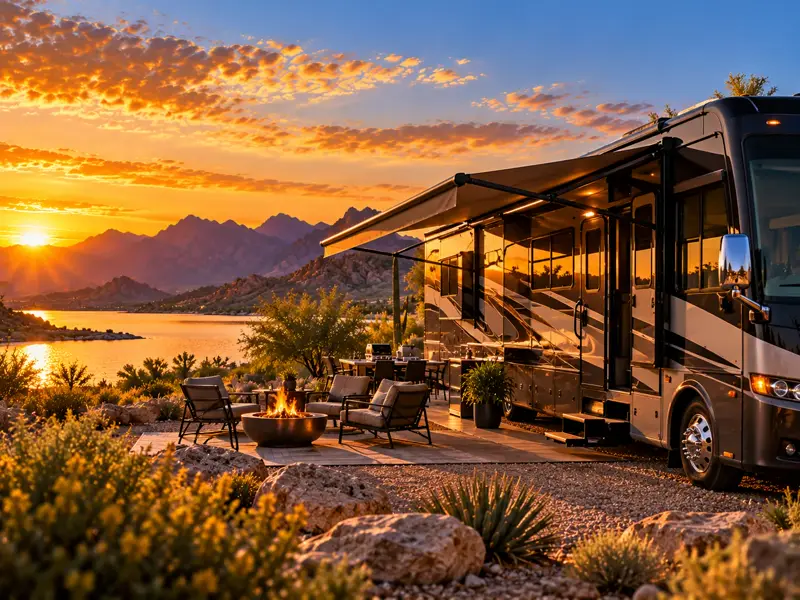 Luxury motorhome beside a desert lake at sunset