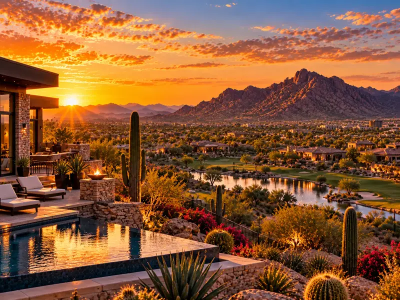 AI-generated Scottsdale-inspired desert residences and golf landscape at sunset