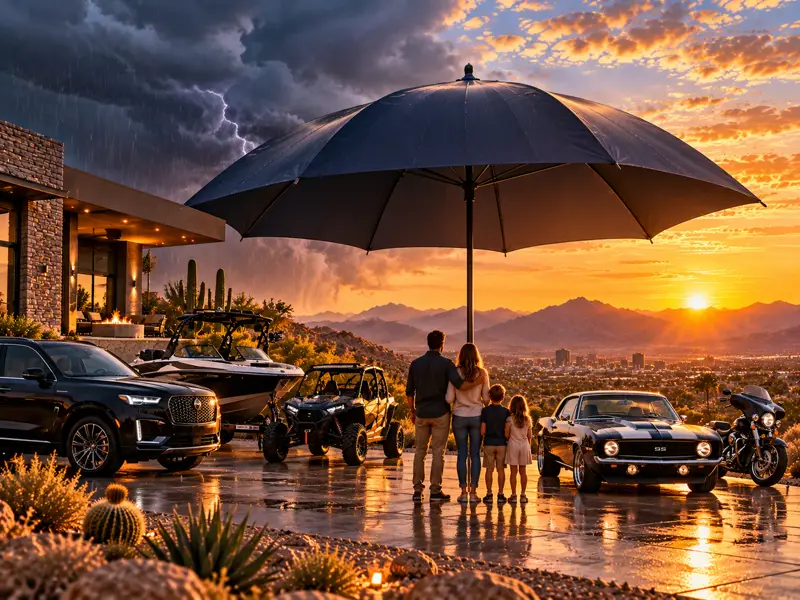 Family and personal assets beneath a large umbrella during a dramatic sunset storm